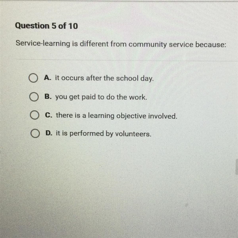 Service-learning is different from community service because: A. it occurs after the-example-1