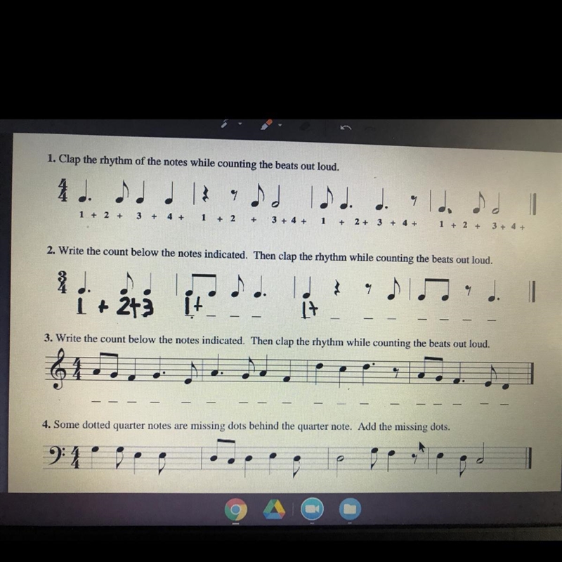 1. Chap the rhythm of the notes while counting the beats out loud. 1 + 2 + 3 + 4 + 1 + 2 + 3+ 4+ 1 + 2+ 3+ 4+ 1+ 2+ 3+ 4+ 2. Write-example-1