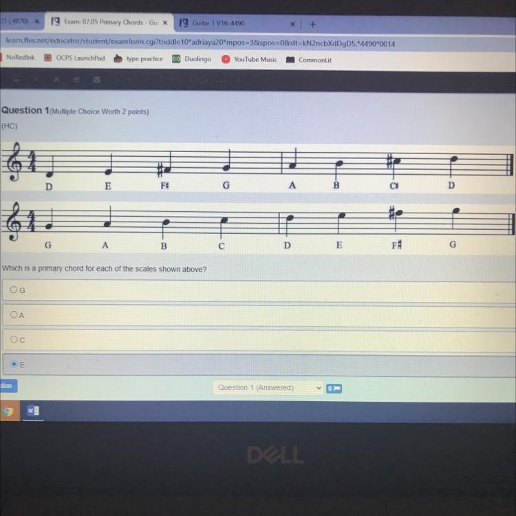 PLEASE HELP! Which is a primary chord for each of the scales shown above? A- G B- A-example-1