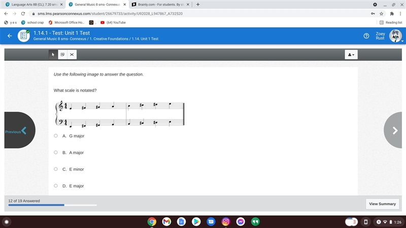 N the G major chord, the note G is the ____________. A. dyad B. root C. third D. fifth-example-1