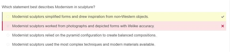 Which statement best describes Modernism in sculpture? O Modernist sculptors relied-example-1