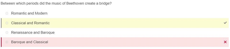 Between which periods did the music of Beethoven create a bridge? O Renaissance and-example-1