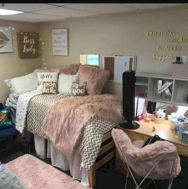 Does anyone have any dorm room designs for the walls? I have a pink comforter with-example-1