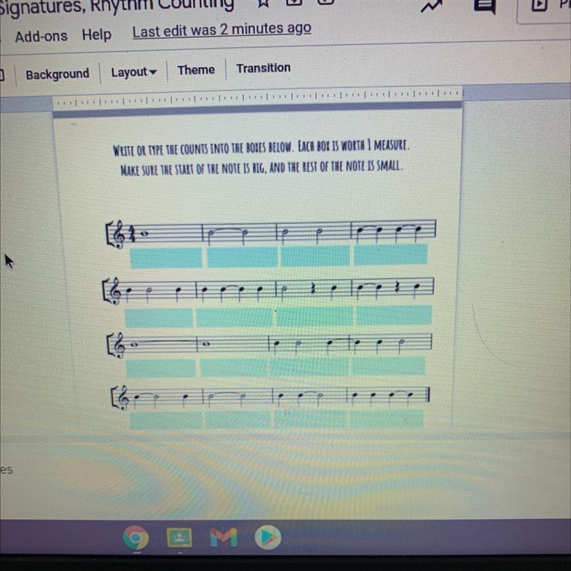 Write or type the counts into the boxes below each box is worth 1 measure ... please-example-1