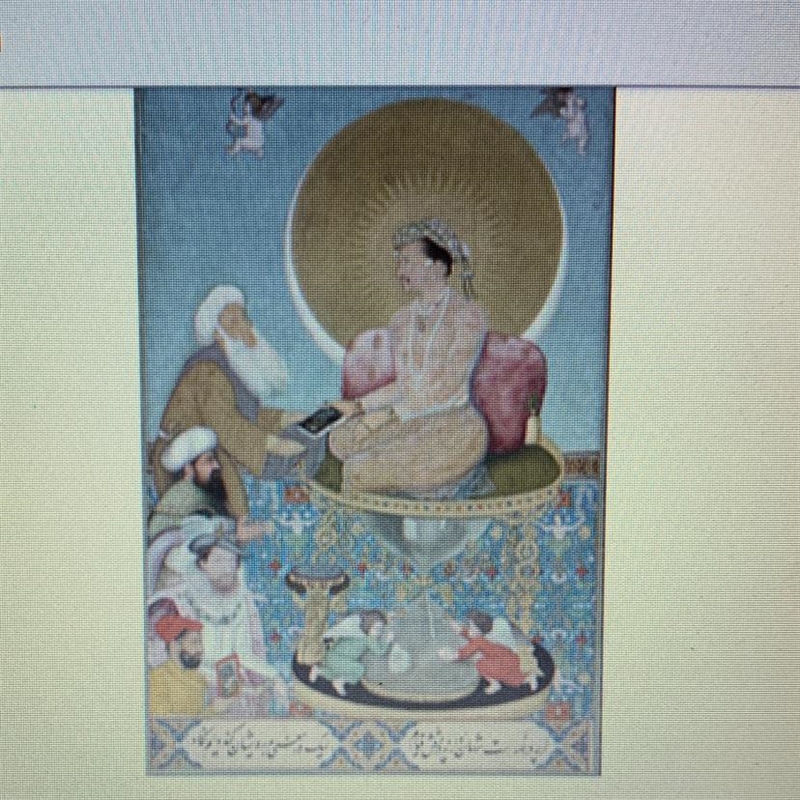 Look at this painting by a Mughal painter. The style of this painting demonstrates-example-1