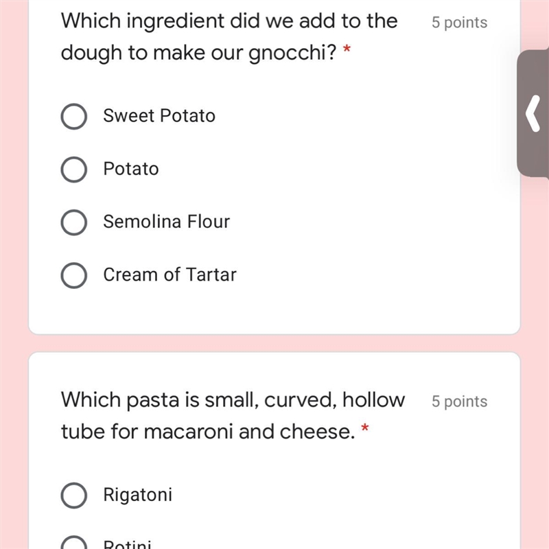 Options for bottom question are rigatoni, rotini, elbow, or cavatappi-example-1