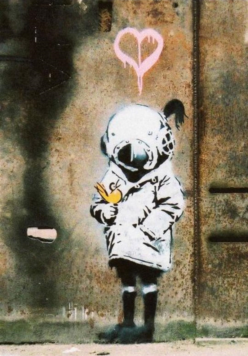 See attached photo of a graffiti work of art done by Banksy. In one paragraph describe-example-1