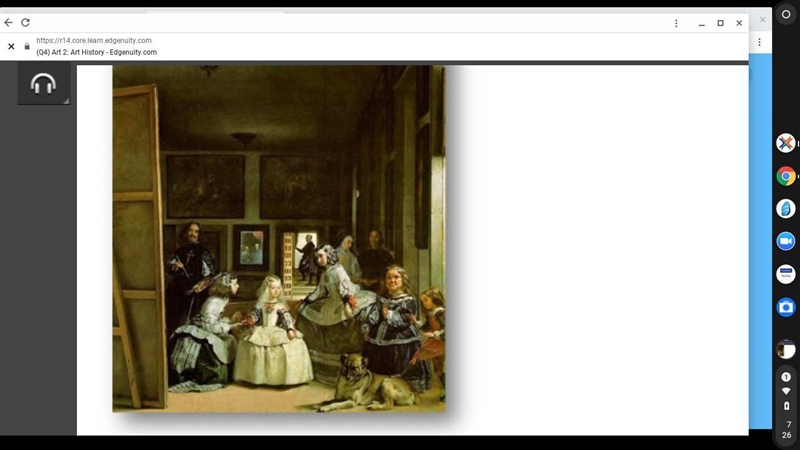 Las Meninas by Diego Velazquez. The painting depicts a large room in the Royal Alcazar-example-1