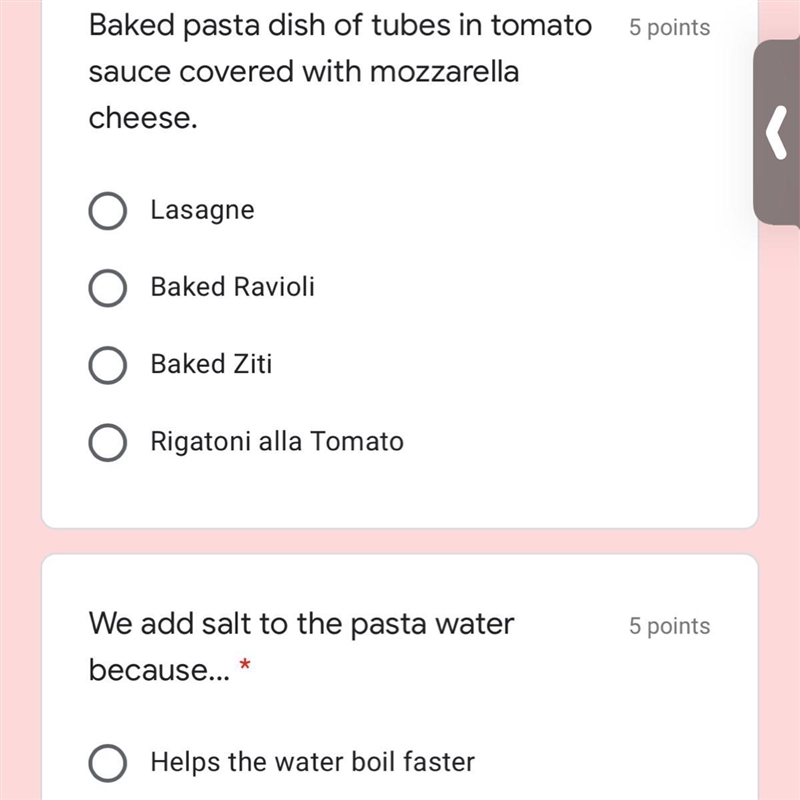 Options for bottom question are -helps the water boil faster -helps flavor the pasta-example-1