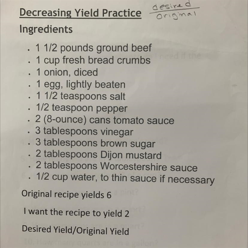 Decreasing Yield Practice Ingredients 1 1/2 pounds ground beef 1 cup fresh bread crumbs-example-1