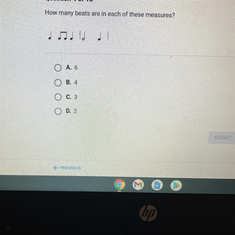 How many beats are in each of these measures? נ נ ת נ A. 6 B. 4 C. 3 D. 2-example-1