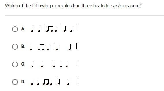 Which of the following examples has three beats in each measure? Pls help.-example-1