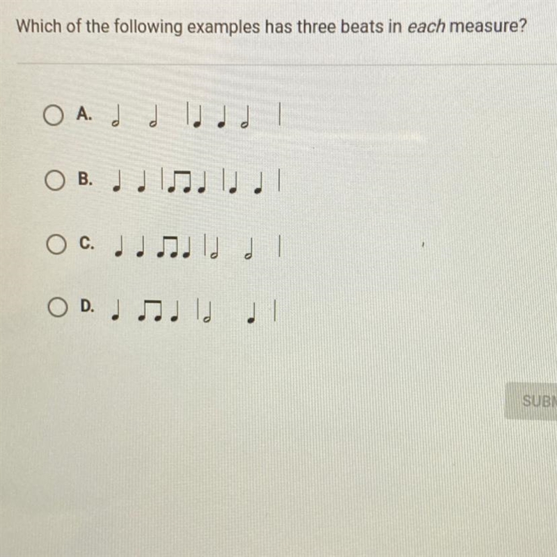 HELP PLEASE Which of the following examples has three beats in each measure?-example-1