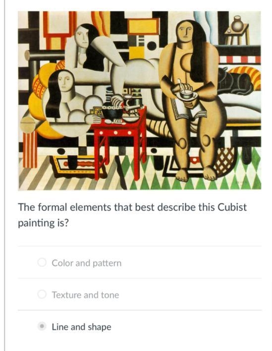 The formal elements that best describe this Cubist painting is? Color and pattern-example-1