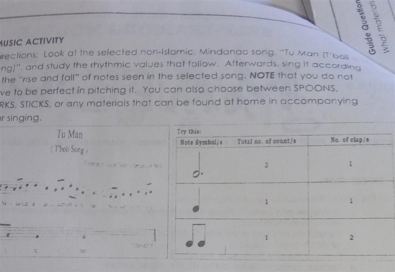 MUSIC ACTIVITY Directions: Look at the selected non-Islamic, Mindanao song, &quot-example-1