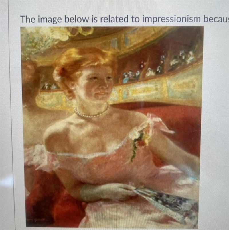 The image below is related to impressionism because of its: 1.) colored shadows 2.) distinction-example-1