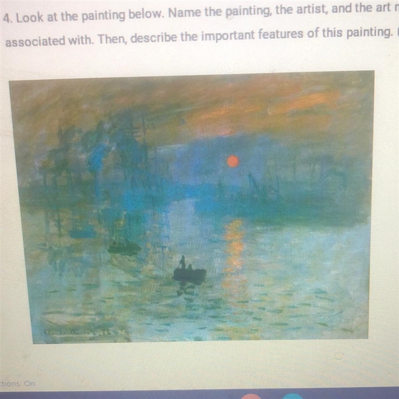 Look at the painting below. Name the painting, the artist, and the art movement it-example-1