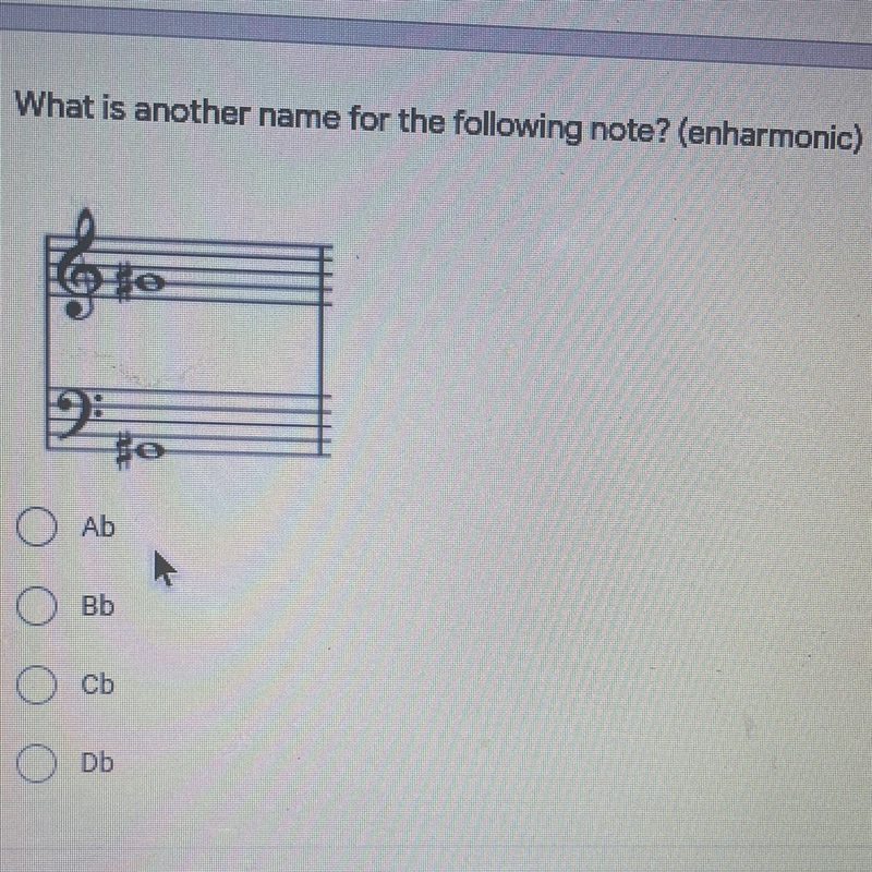 What is another name for the following note? (enharmonic) Ab Bb Cb Db-example-1