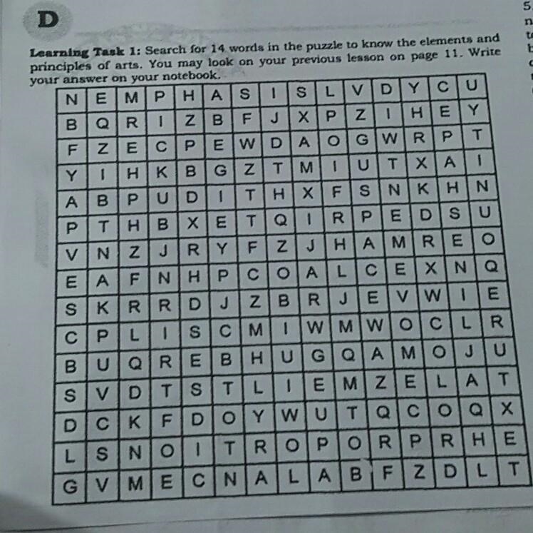 Learning Task 1: Search for 14 words in the puzzle to know the elements and principles-example-1