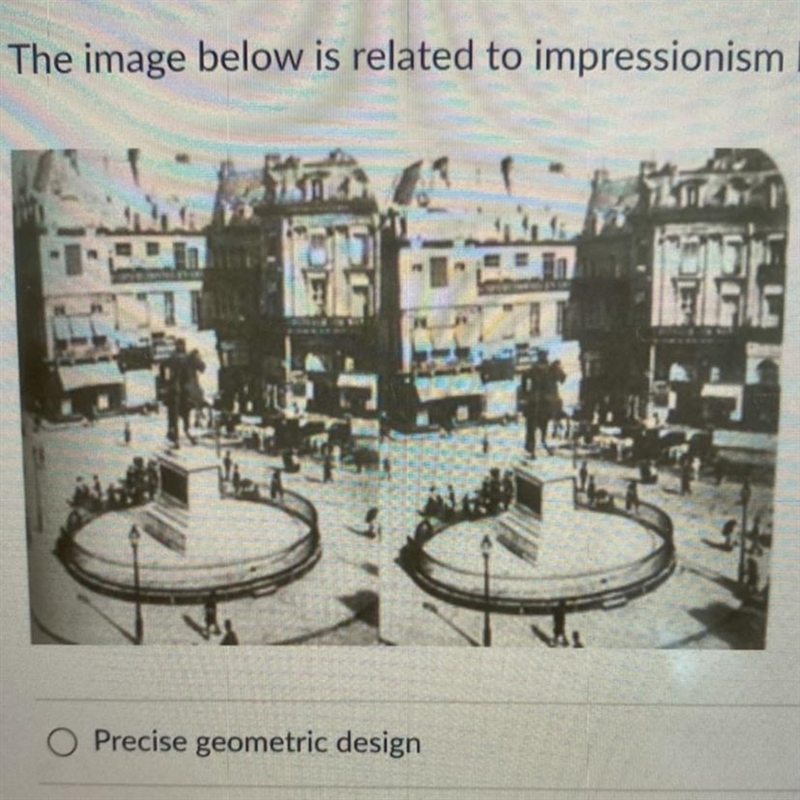 The image below is related to impressionism because of its: 1.) precise geometric-example-1