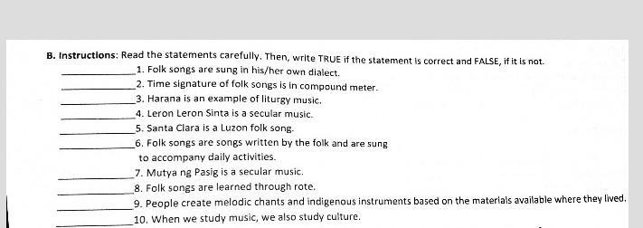 True or false? music subject help me pls. tulongan nyo ko​-example-1