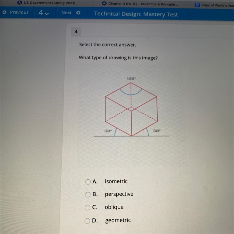 What type of drawing is this image? A.isometric В.perspective C. oblique D.geometric-example-1