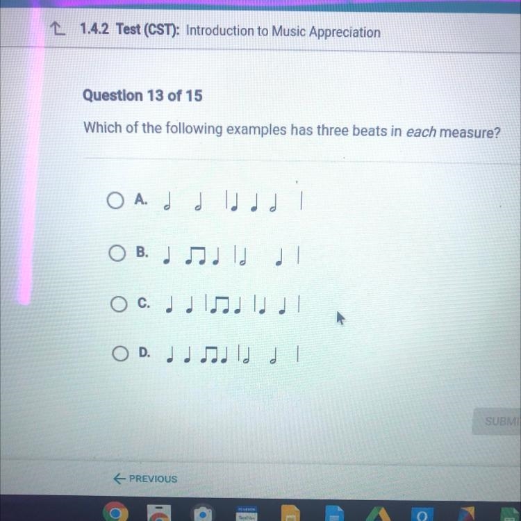 Which of the following examples has three beats in each measure? O A O B OC OD-example-1