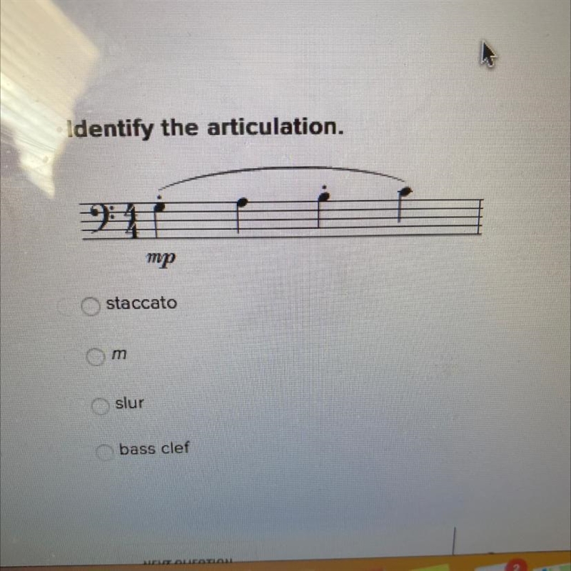 Identify the articulation mp staccato m bass clef-example-1