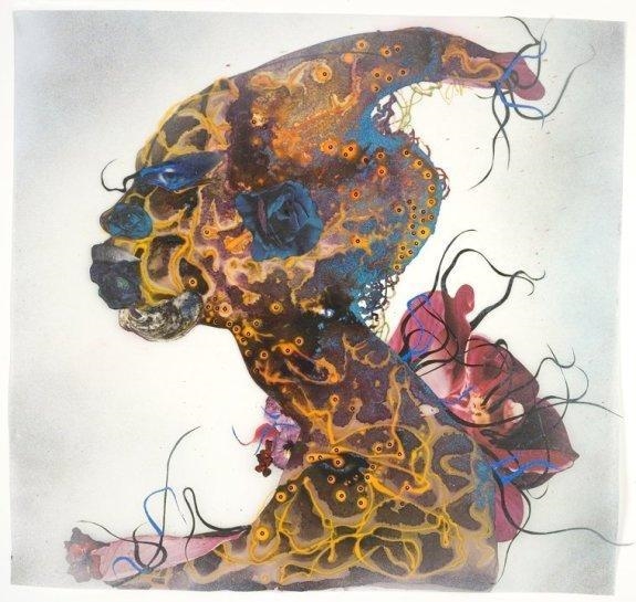 PLS HELP Blue Rose, 2007 - Artist: Wangechi Mutu 1. Describe the content. (color, paint-example-1