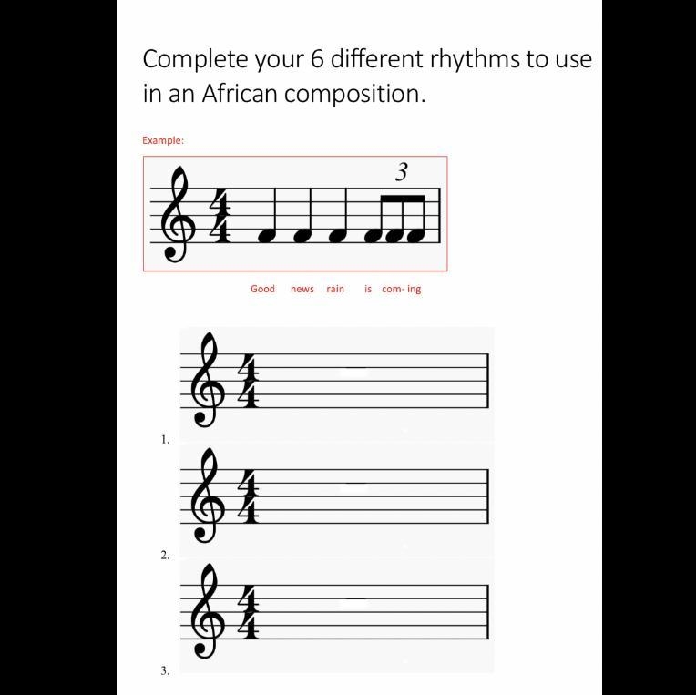 Someone please help complete 6 different rhythms to use in an African composition-example-1