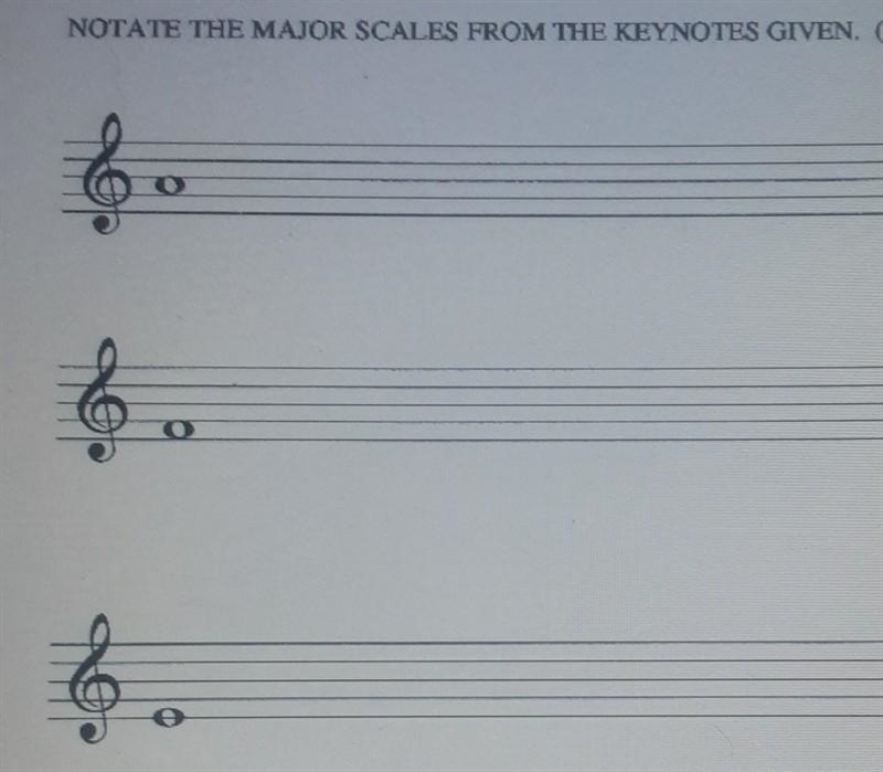 NOTATE THE MAJOR SCALES FROM THE KEYNOTES GIVEN. I picked art because it looks like-example-1