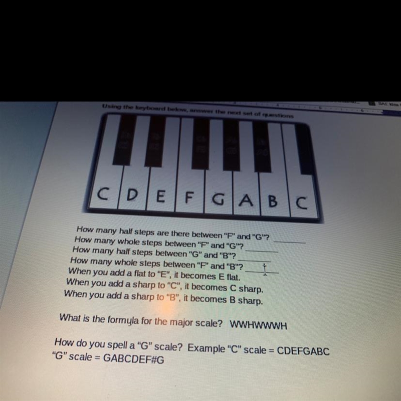 Music Theory HW How many half steps are there between “F” and “G”? How many whole-example-1