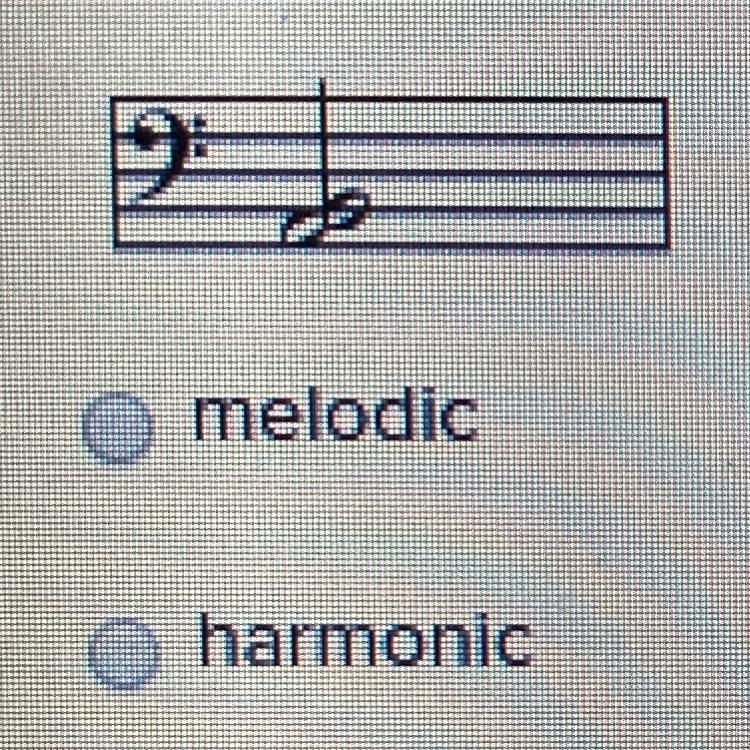 Identify the interval as melodic or harmonic. melodic harmonic-example-1