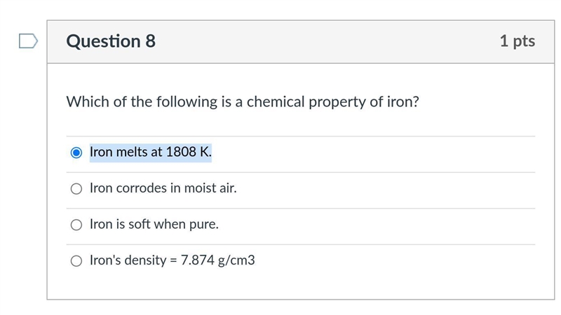 Which of the following is a chemical property of iron? Group of answer choices i cant-example-1