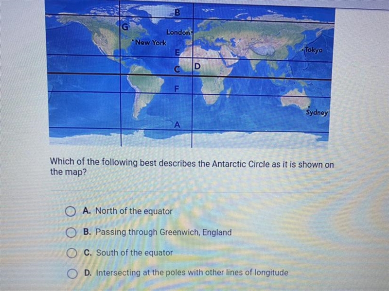 Which of the following best describes the Antarctic Circle as it is shown on the map-example-1