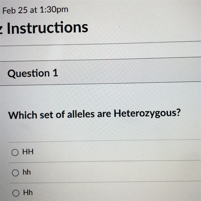 Which set of alleles are heterozygous? A) HH B)hh C)Hh-example-1