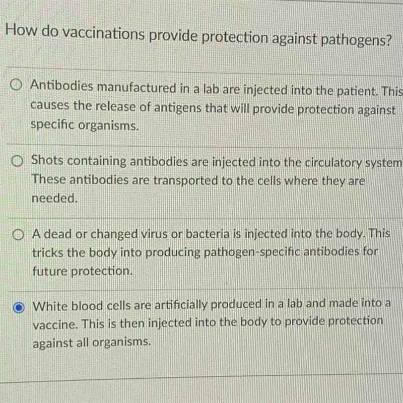 How do vaccinations provide protection against pathogens? O Antibodies manufactured-example-1