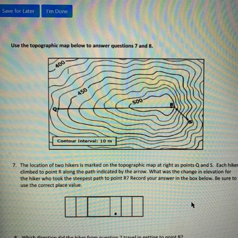 The location of two hikers is marked on the topographic map at right as points Q and-example-1