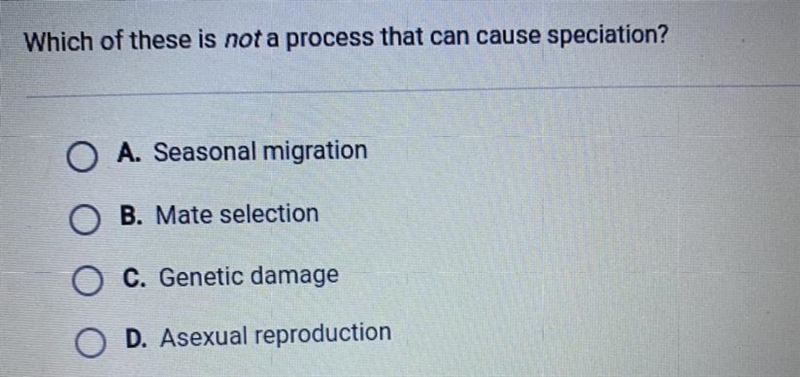 HELP Which of these is not a process that can cause speciation?-example-1