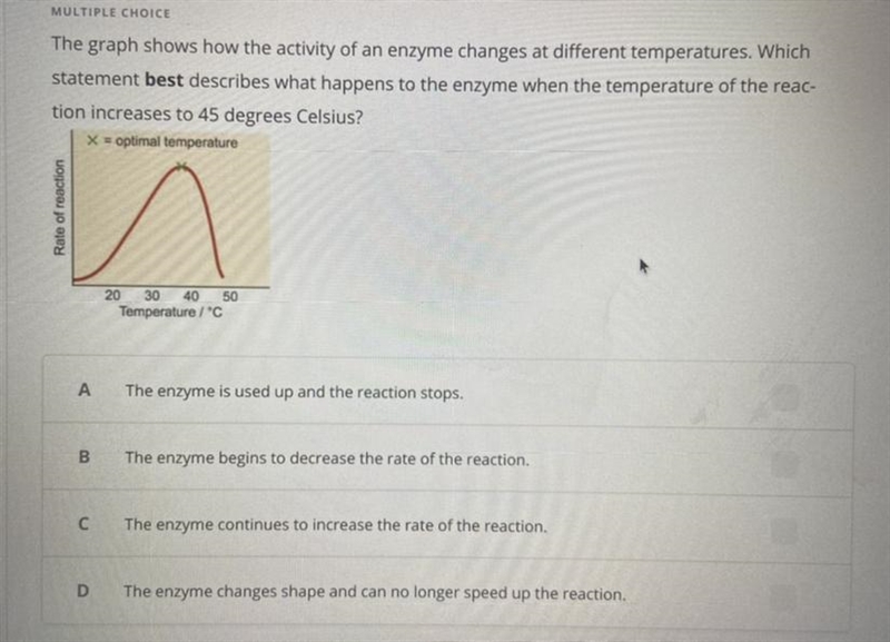 The graph shows how the activity of an enzyme changes at different temperatures. Which-example-1