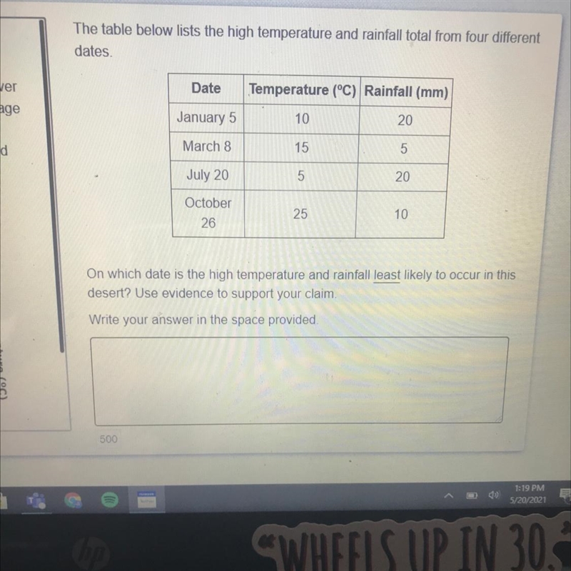 On which date is the high temperature and rainfall least likely to occur in this desert-example-1