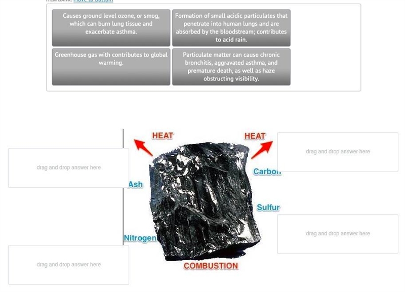 PLEASE ANSWER QUICK! Consider the four emissions from burning coal. Label each one-example-1