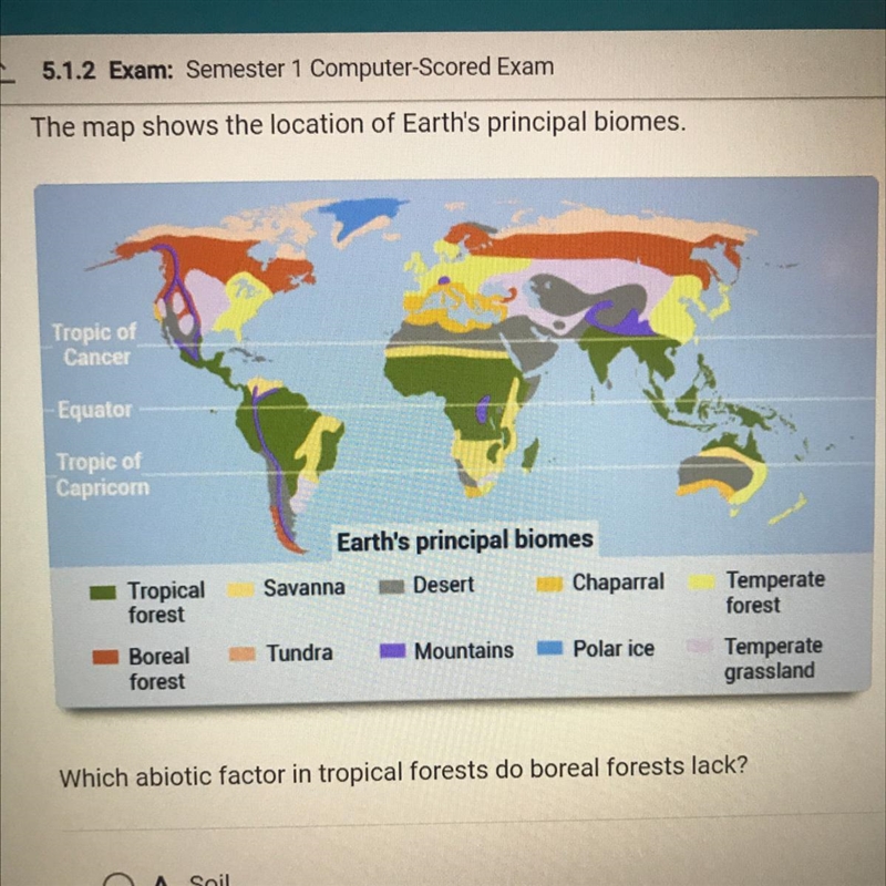 The map shows the location of Earth's principal biomes. Which abiotic factor in tropical-example-1