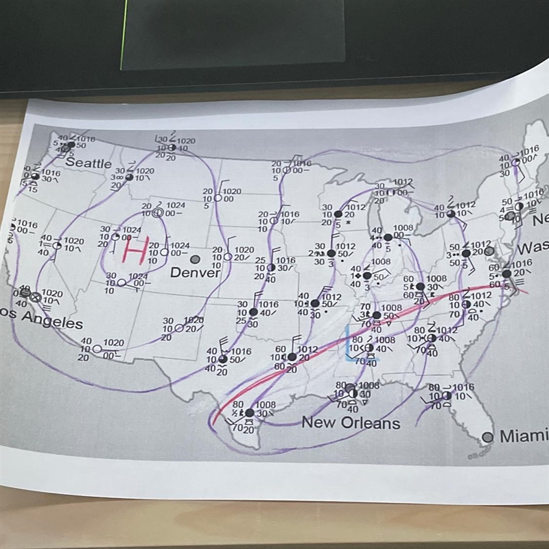 Step 5: Locate fronts and forecast weather patterns. a) Use Map D in the Data section-example-1