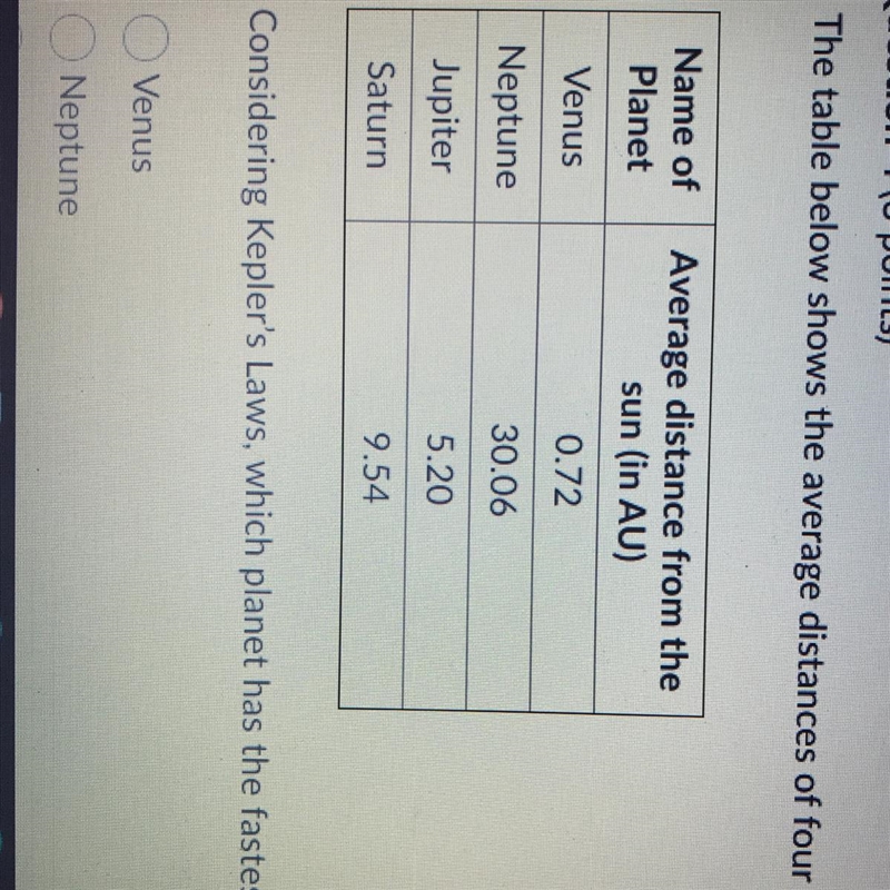 The table below shows the average distances of four planets from the sun. Considering-example-1