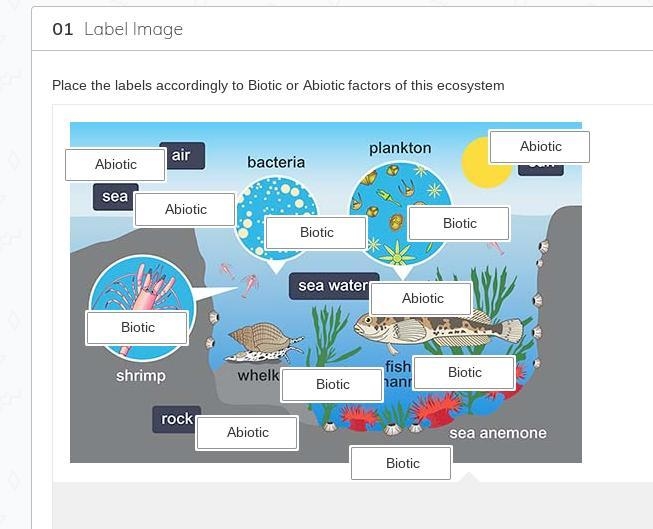 Place the labels accordingly to Biotic or Abiotic factors of this ecosystem. (answers-example-1