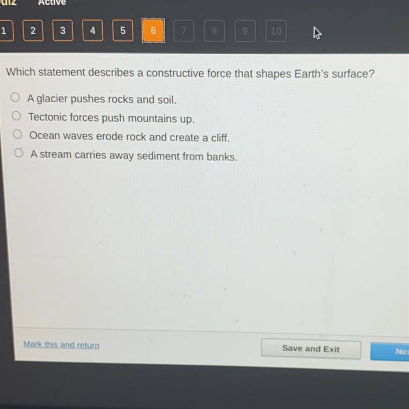 Which statement describes a constructive force that shapes Earth's surface? Help meeee-example-1