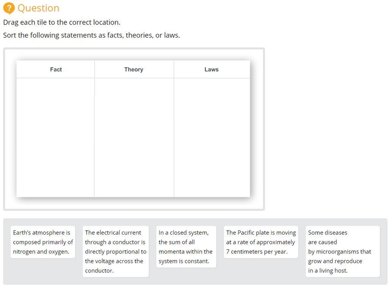 Drag each tile to the correct location. Sort the following statements as facts, theories-example-1