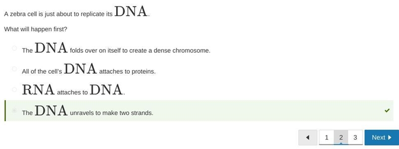 A zebra cell is just about to replicate its DNA. What will happen first? RNA attaches-example-1