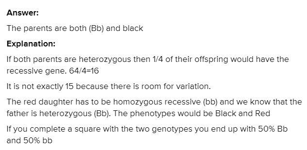 A. A hen and a rooster produce 15 red offspring and 49 black offspring. What are the-example-1